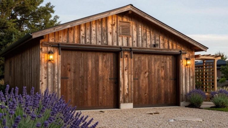 A wooden barn-style detached garage with dark sliding double doors, wall-mounted lanterns, and lavender plants along the gravel driveway.