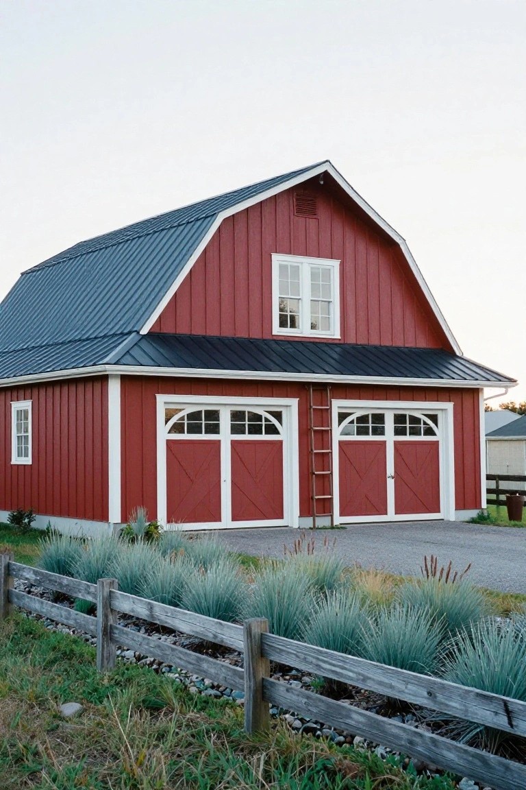 A red barn-style detached garage with a dark metal gambrel roof, white trim around the windows and doors, and two pairs of red double garage doors.