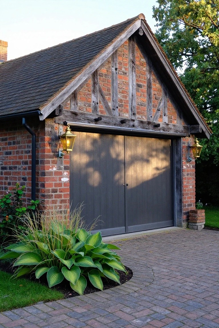 A detached garage with red brick walls, dark timber framing, a gray double door, and two wall-mounted lanterns beside a brick driveway.