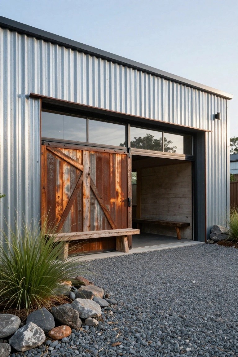 A corrugated metal building with an open rustic wooden sliding barn door, gravel driveway, and rocks with plants in the foreground.