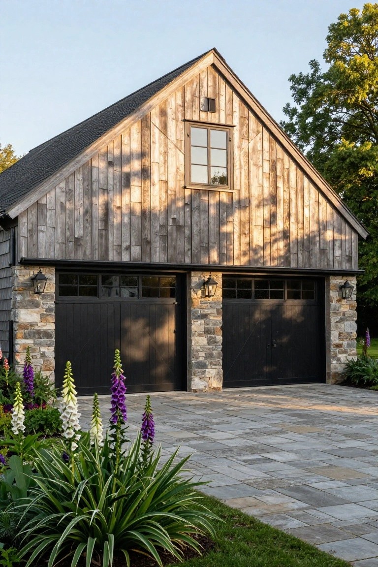 Rustic wooden barn with black garage doors, stone pillars, and blooming flowers.