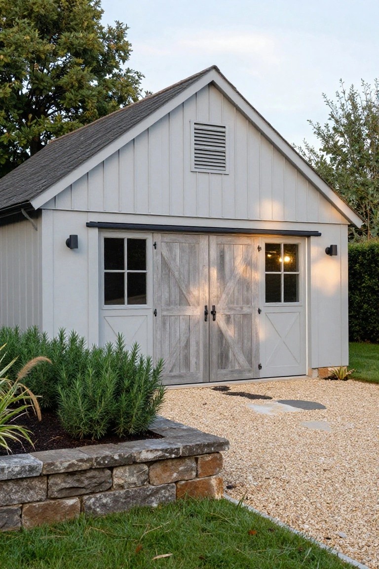 A light gray barn-style detached garage with double weathered wood doors featuring X-bracing, small windows, and a gravel driveway bordered by low plants and stone edging.