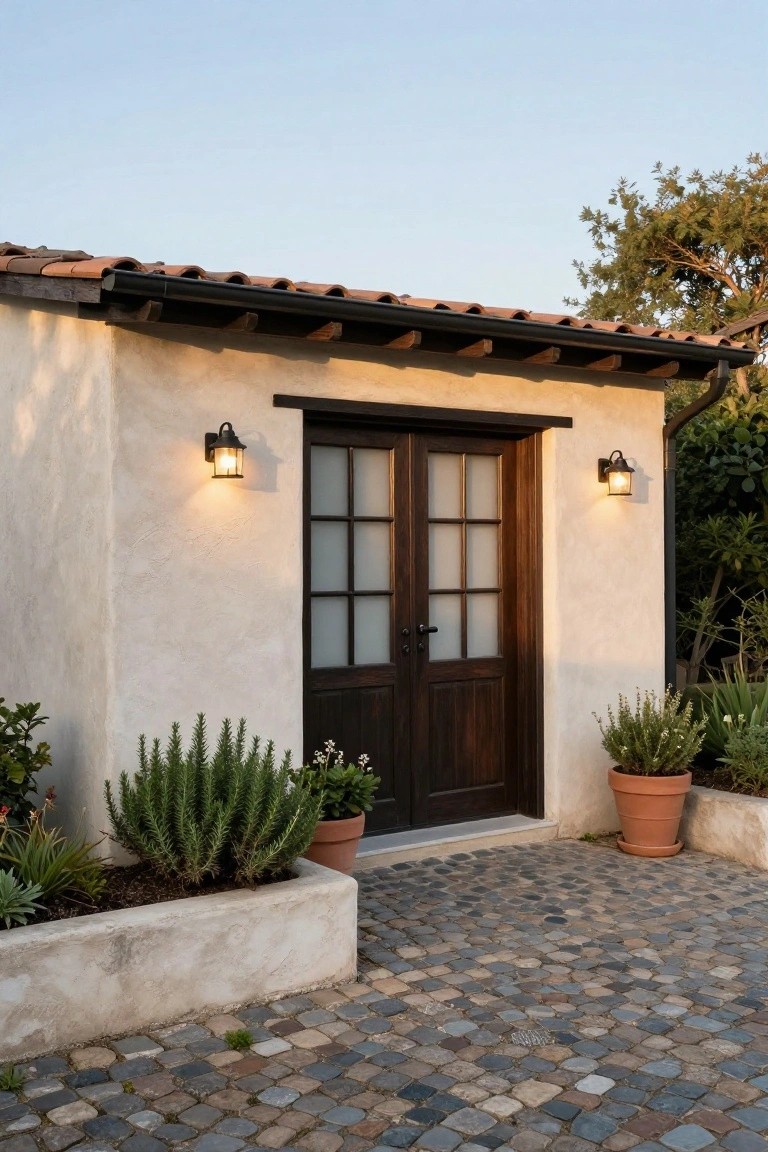A small stucco building with dark wooden double doors that have glass panes, two lit wall sconces, terracotta roof tiles, and a cobblestone driveway in front.