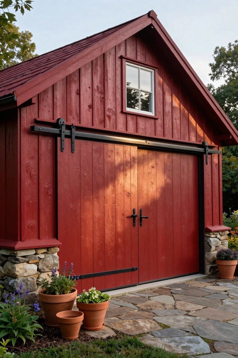 A red wooden barn-style garage with a large black sliding door, a small upper window, stone foundation, and potted plants along a stone path.