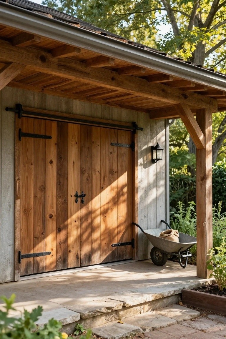 A wooden detached garage features double sliding barn doors with black metal hardware under a covered porch, with a wheelbarrow positioned to the side.