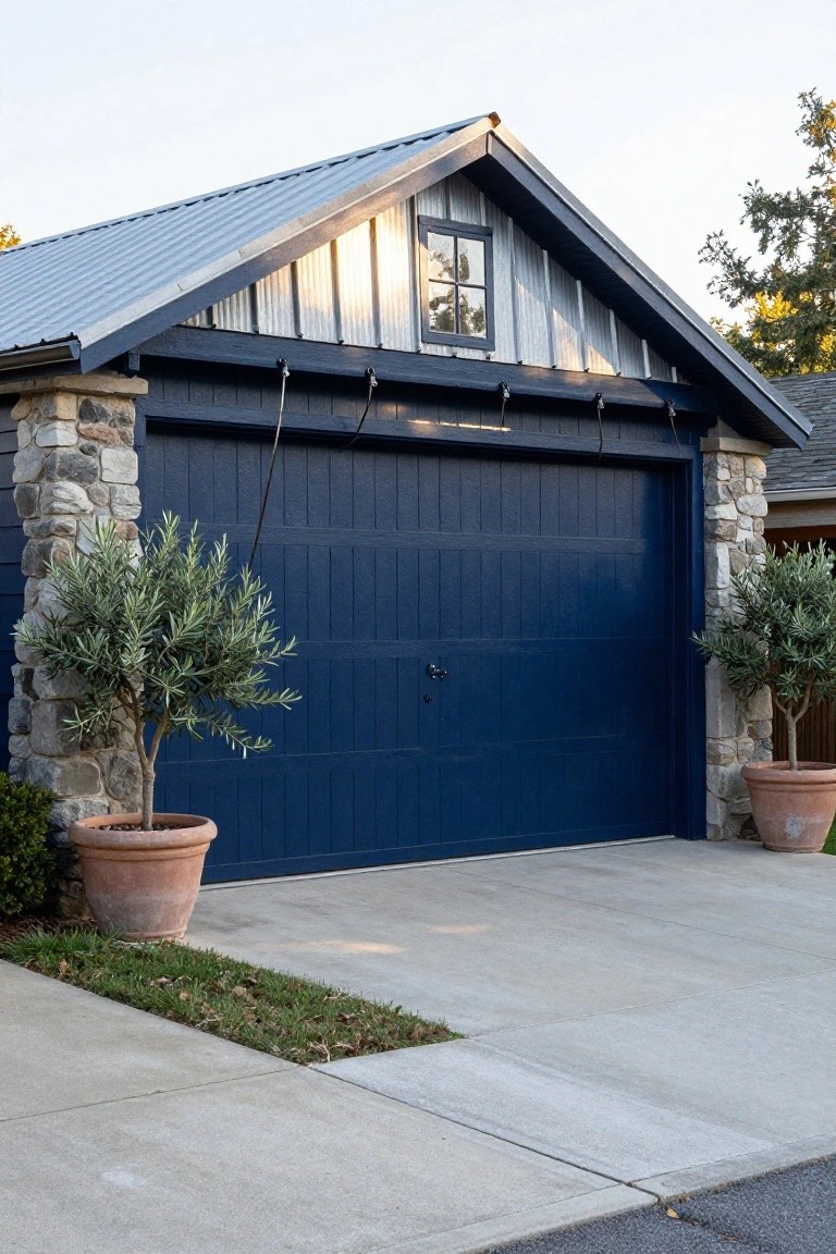A barn-style detached garage with dark blue doors and siding, a metal roof, stone pillars, and two potted olive trees in front.
