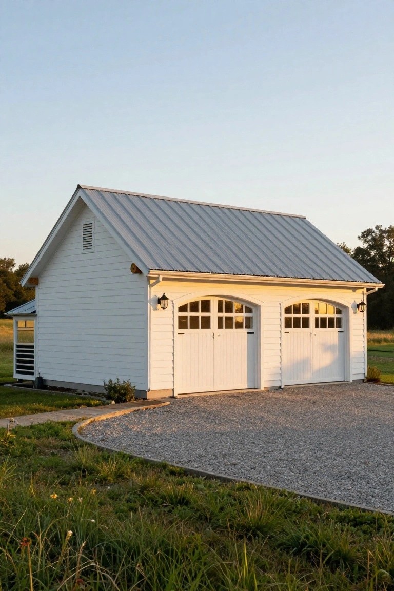 A white barn-style detached garage with a gray metal roof, two white garage doors with windows, and a gravel driveway.
