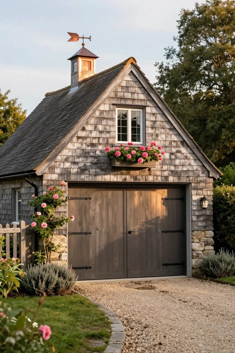 A shingled detached garage with a steep gable roof, cupola and weathervane, flower box under a window, and wooden double doors set on a gravel driveway.