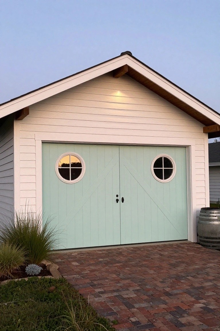 A front view of a detached garage with mint green double doors that have round windows, white trim, and a brick driveway in front.