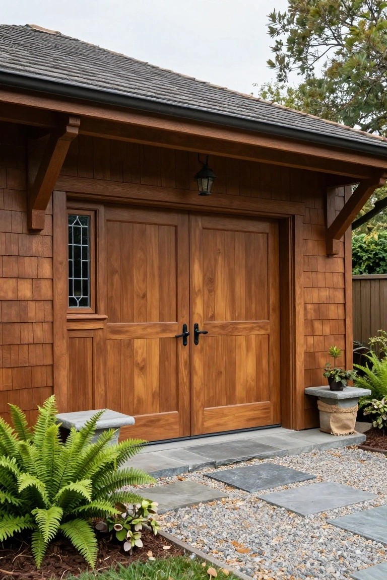 A wooden detached garage featuring double doors with black hardware, a side door with divided glass panes, stone steps, and gravel landscaping with ferns.