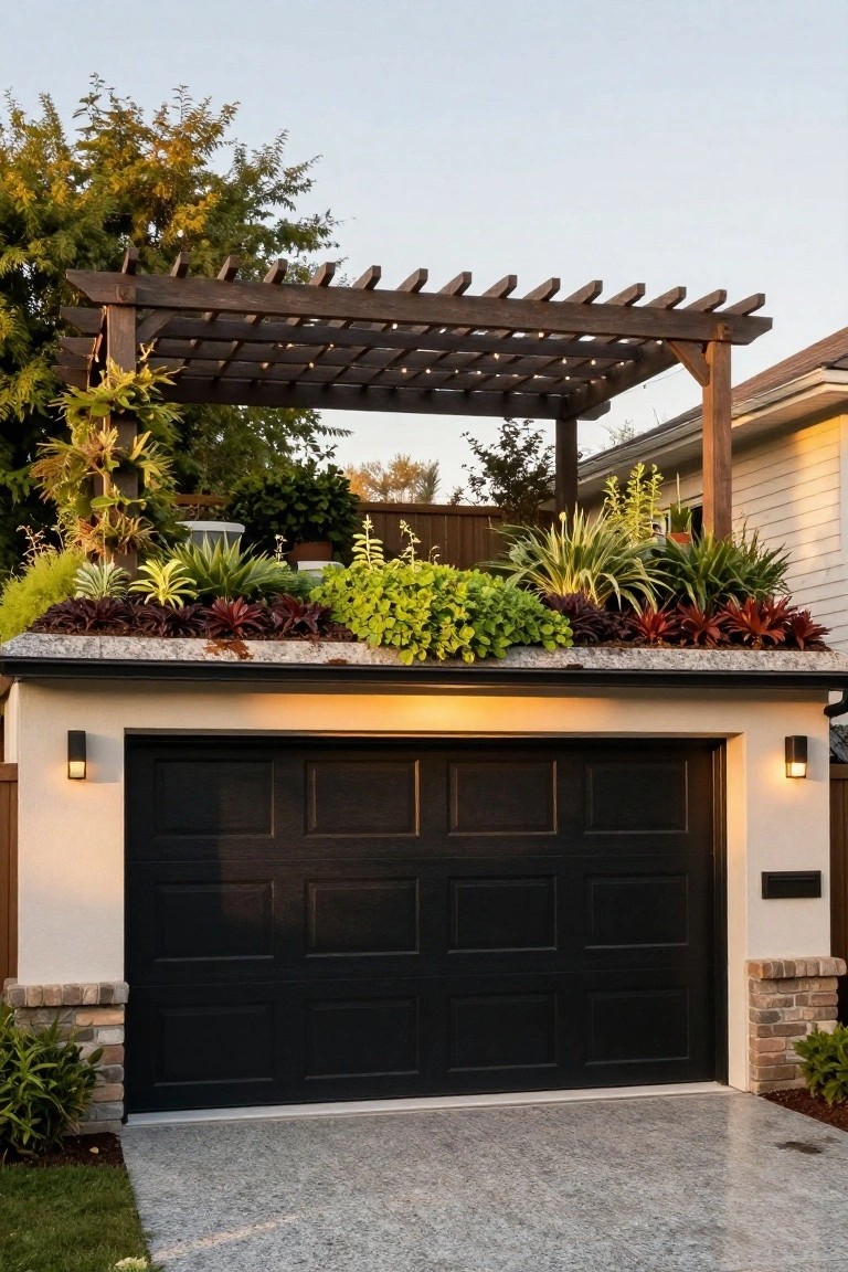 A double garage with black door, white walls, and a wooden pergola with plants growing on the roof above it.