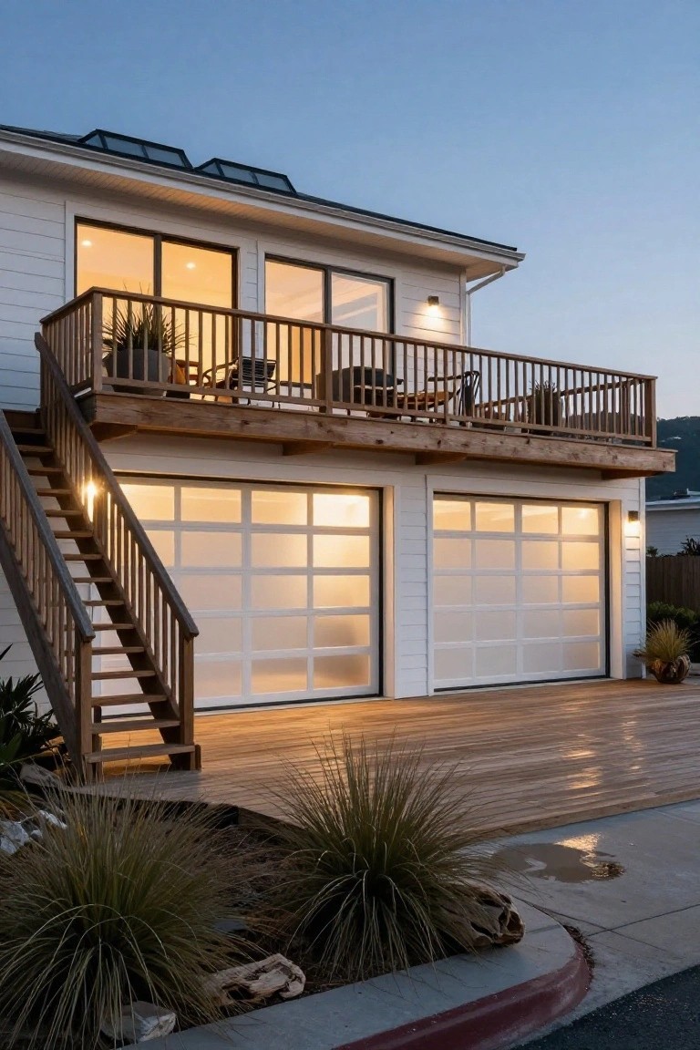A two-story white house with a double garage below and a large wooden deck with railings spanning the full width of the garage doors, plus an exterior staircase on the left.