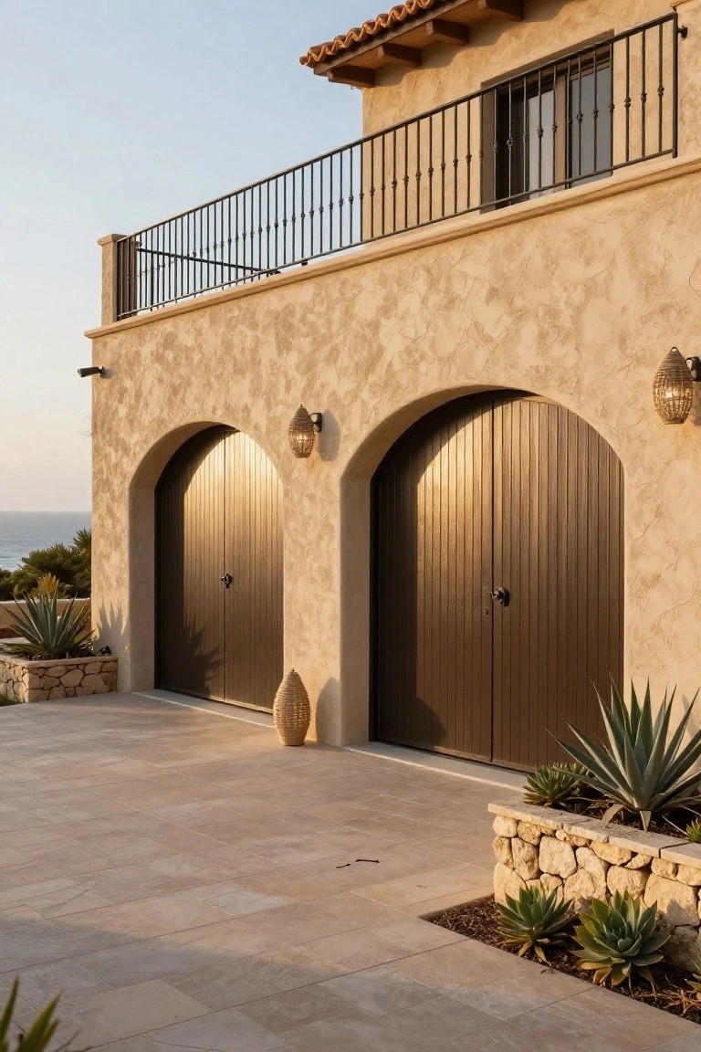 Two brown double garage doors with vertical panels sit inside arched openings on a stucco house exterior, with a balcony and black railing above and agave plants in stone beds nearby.