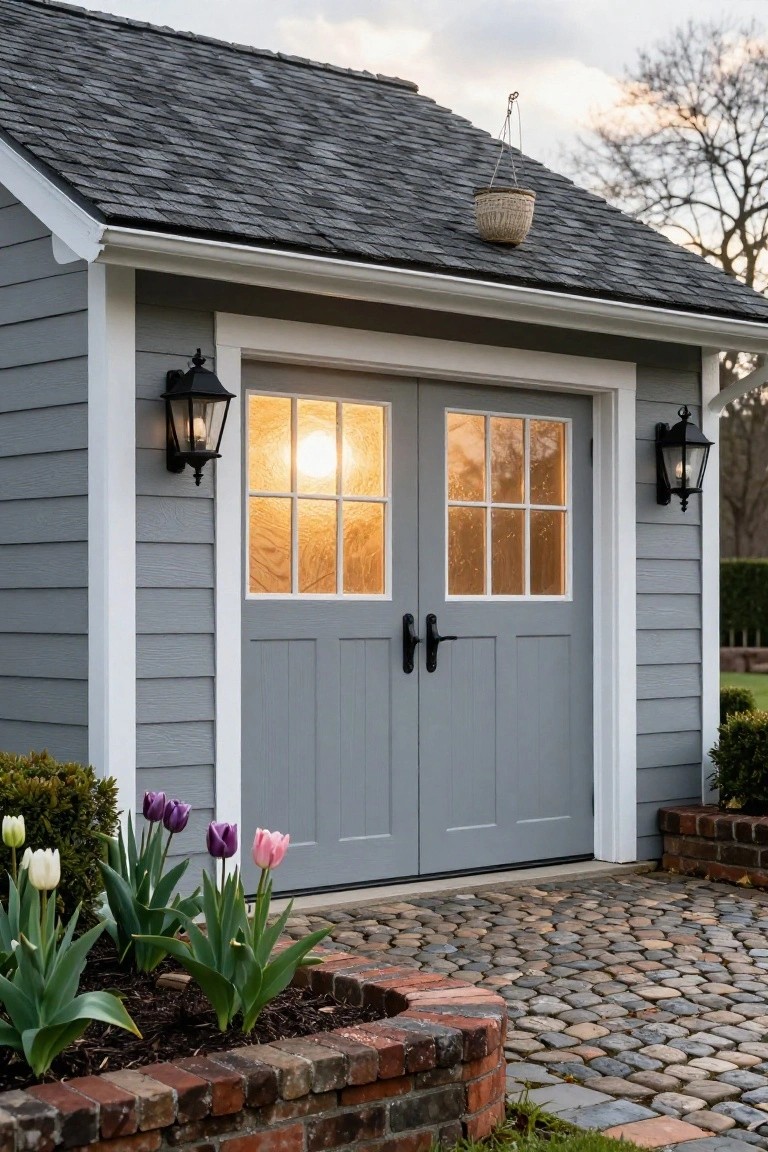 Gray double garage doors with six-pane windows on each door, black lanterns mounted on either side, and tulips planted along a brick border in front.