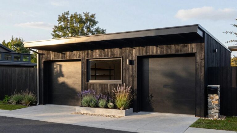 A modern house with horizontal wood siding, a centered black double garage door, and a concrete driveway bordered by low plants.