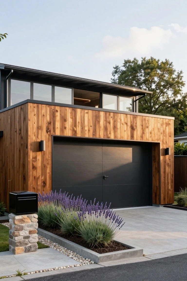 A modern house with horizontal wood siding, a centered black double garage door, and a concrete driveway bordered by low plants.