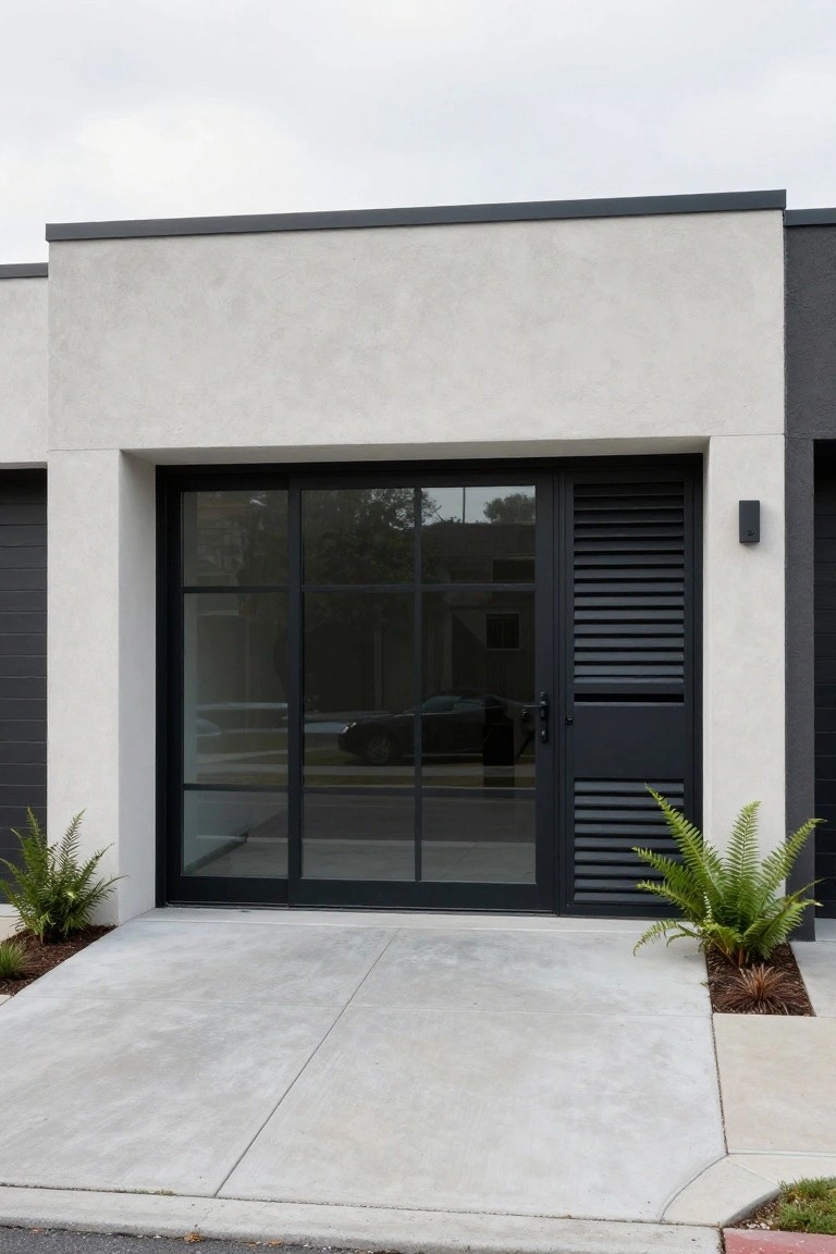 Modern house exterior showing a double garage door with large glass panels in black frames and an attached side door with horizontal louvers.