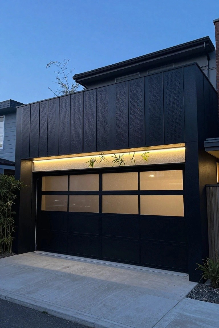 A modern black double garage door with a horizontal integrated LED light strip above it on a dark house exterior.