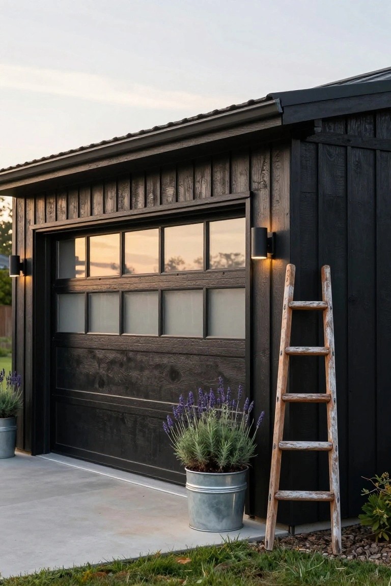A dark wood double garage door installed flush with matching wood siding on a house exterior, flanked by two wall sconces and two metal planters with lavender.
