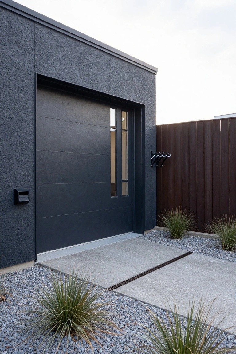 Modern dark gray double garage door with vertical glass panels on the adjacent pedestrian door, set into a textured dark wall beside a gravel and concrete entry path.