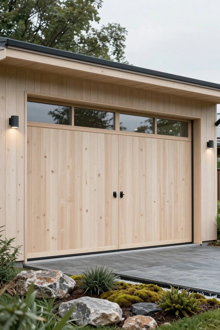 A double garage with light wood vertical siding on the doors, small transom windows above, and black handles centered on the doors.