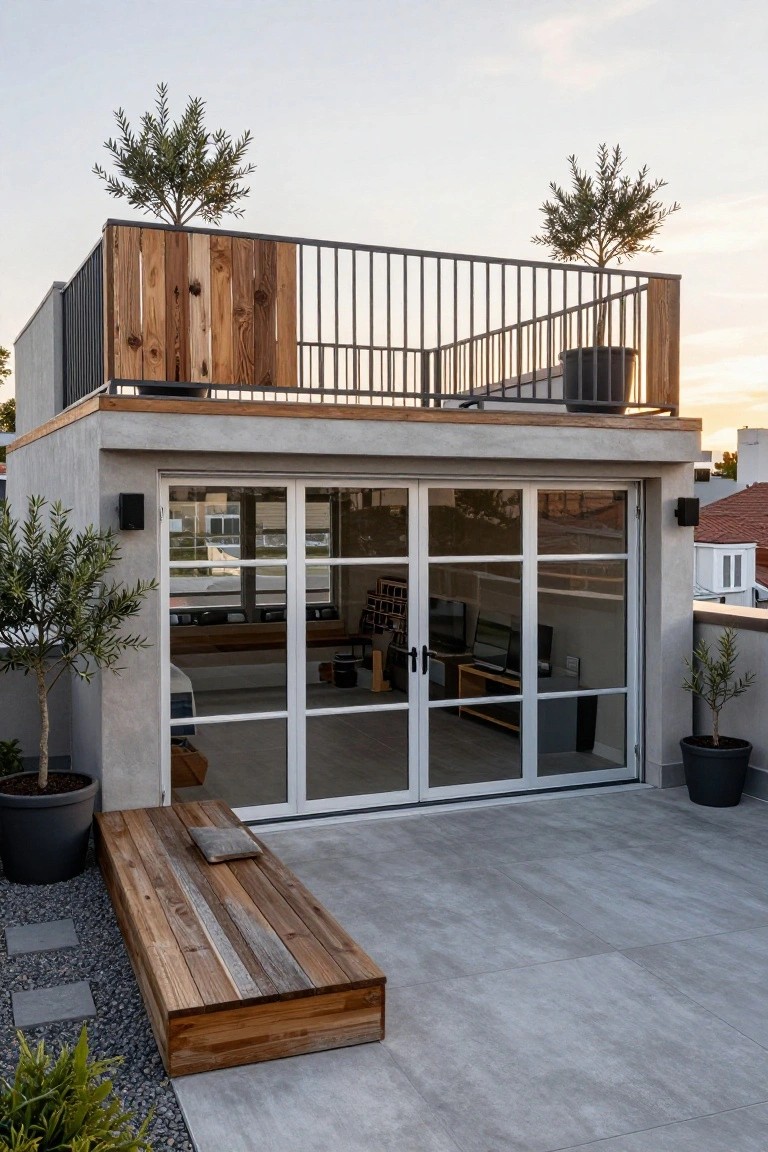 Modern concrete garage with large glass sliding doors revealing an interior workspace, topped by a wooden and metal rooftop deck with potted trees.