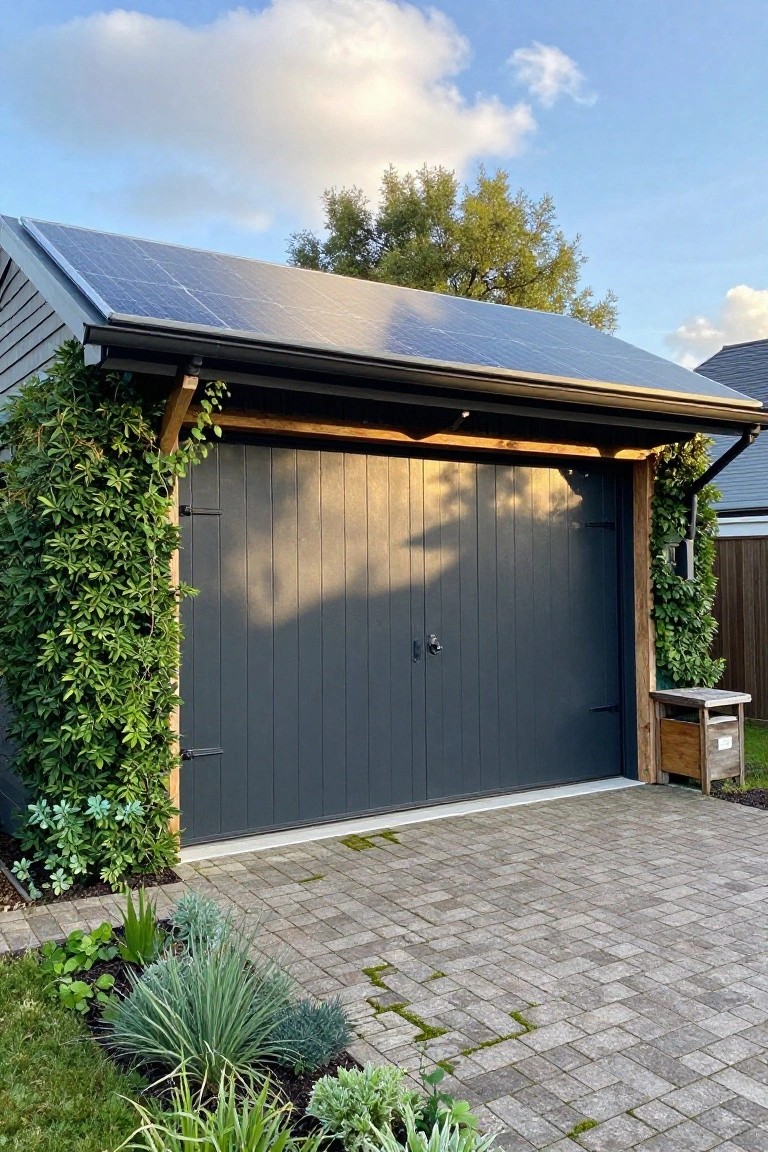 A double garage with dark gray doors, solar panels on the roof, and climbing plants on the wooden sides.