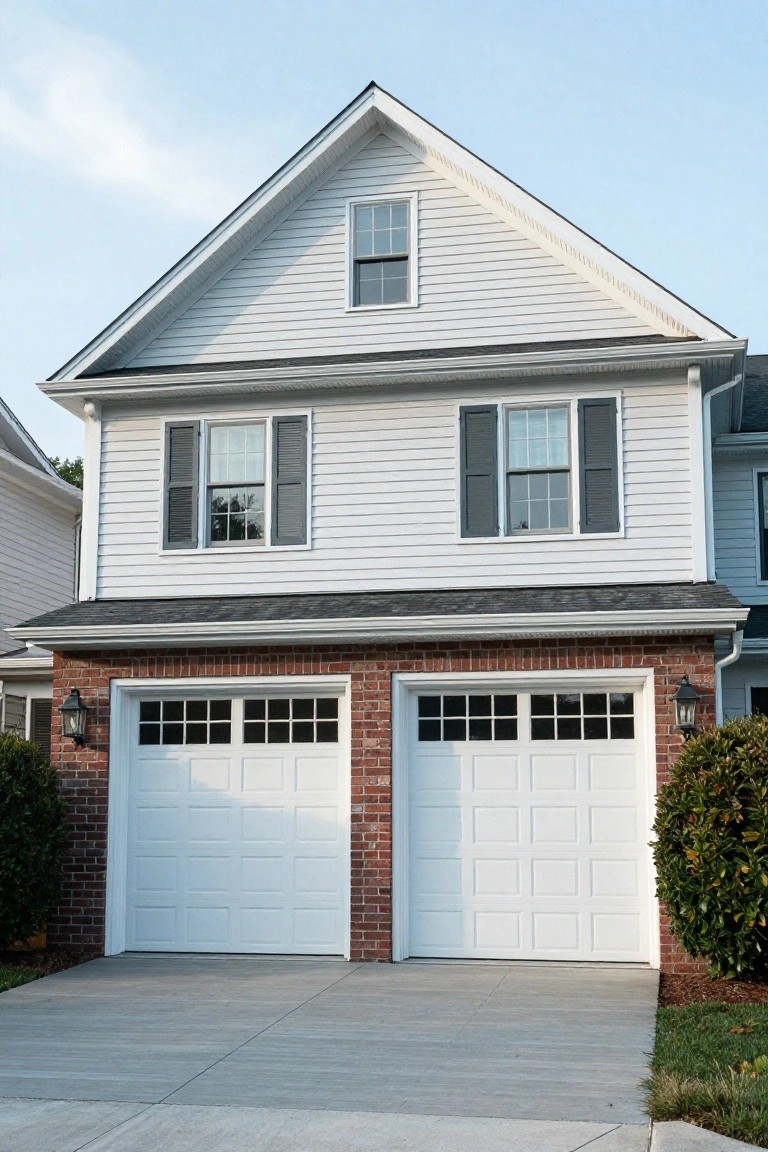 A two-story house with white siding over a red brick base, showing two white garage doors side by side beneath a row of windows.