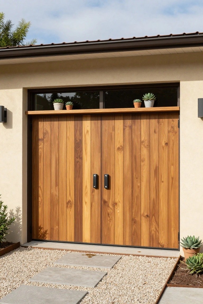A double garage door with vertical wood panels, black handles, and a transom window above holding several potted succulents.