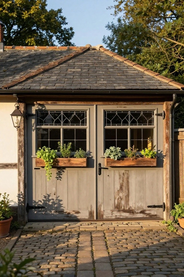 A pair of gray wooden garage doors with wooden window boxes holding green plants, viewed from a cobblestone driveway.