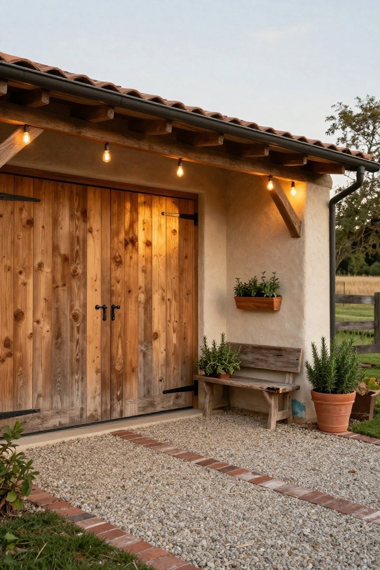 Double wooden garage doors on a stucco wall with a gravel area, wooden bench, and potted plants beside the doors.