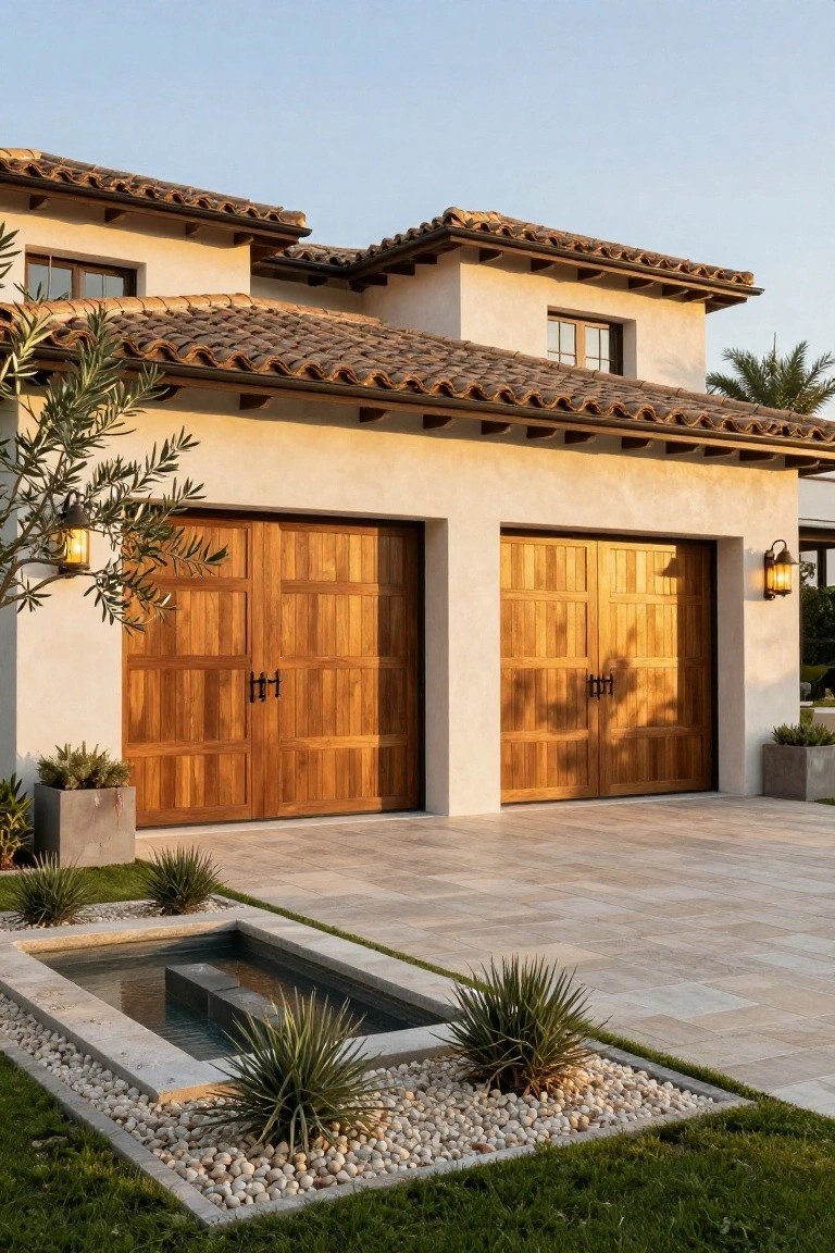 Luxury home with wooden garage doors, stucco walls, and stone water feature