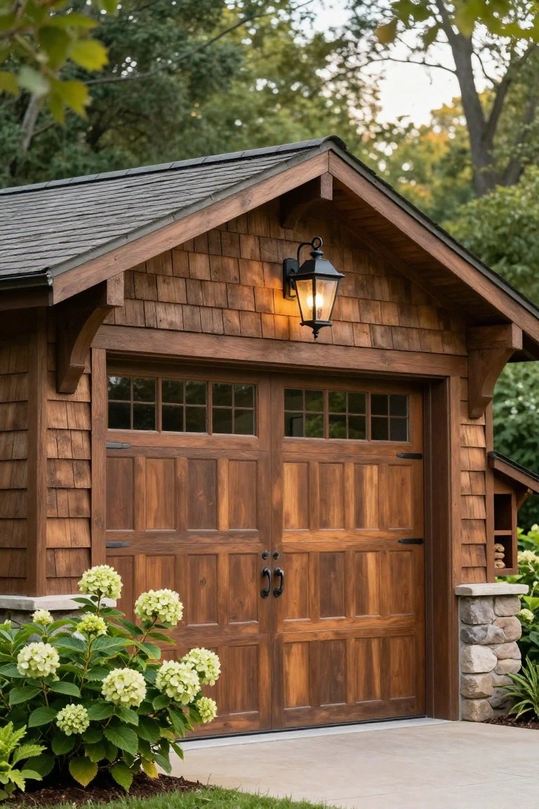 A wooden double garage with two panel doors, upper windows, cedar shake siding, and a black lantern light mounted above the doors, with hydrangea bushes in front.