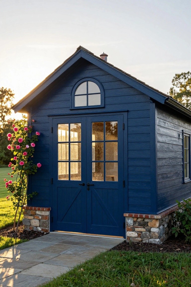 Blue wooden shed with double glass doors, arched window, stone base, and pink roses