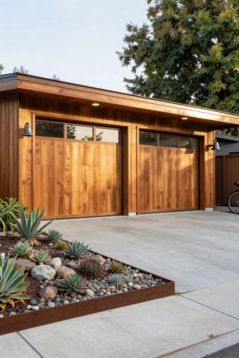 A modern wooden detached garage with two doors and a concrete driveway bordered by a metal-edged bed of succulents and rocks.