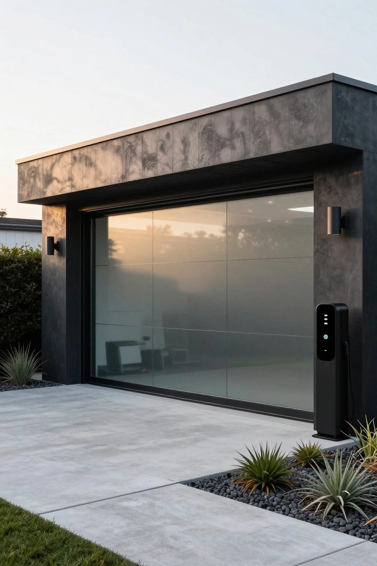 A modern detached garage with a large glass door, dark exterior walls, concrete driveway, and a black EV charger station mounted beside the door.