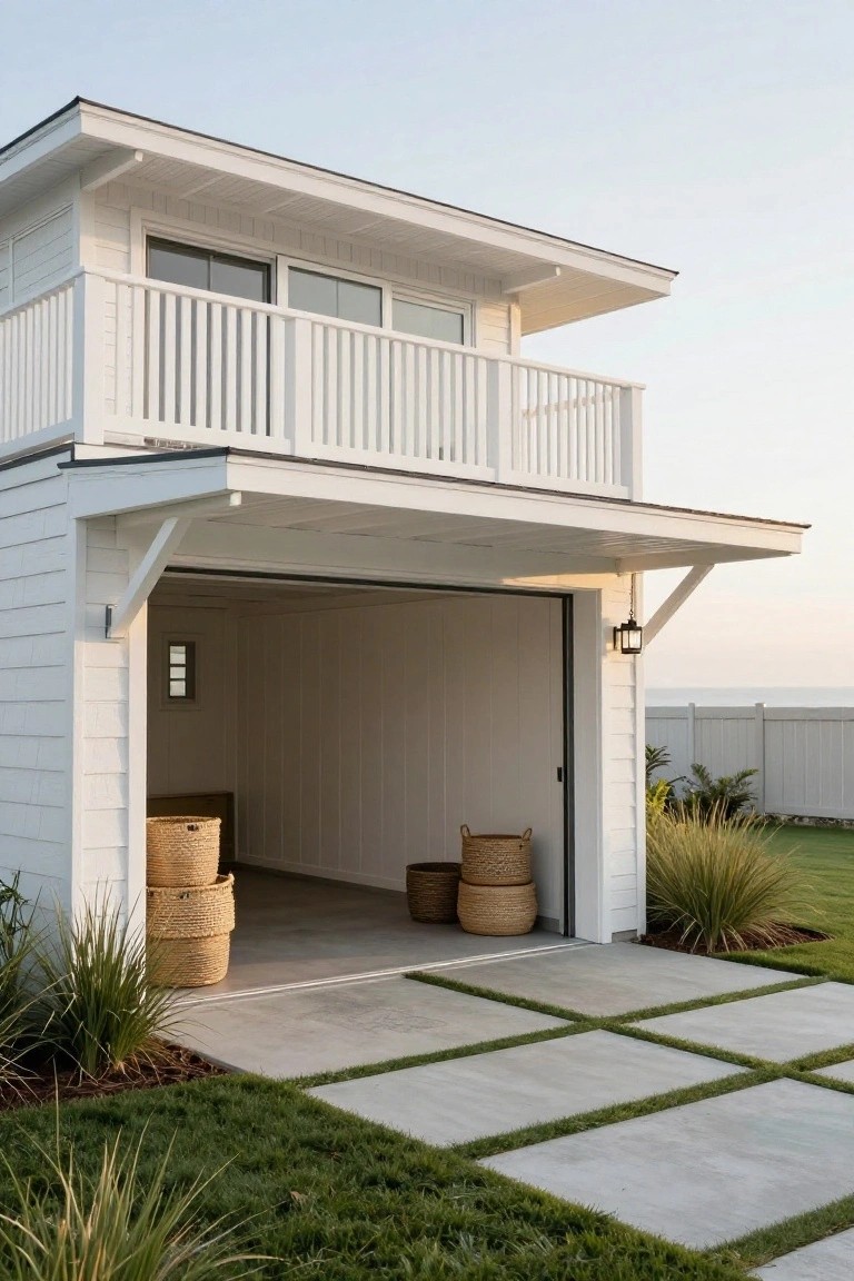 A white two-story detached garage with an open bay door, woven baskets inside, and a balcony on the upper level next to a concrete paver path.