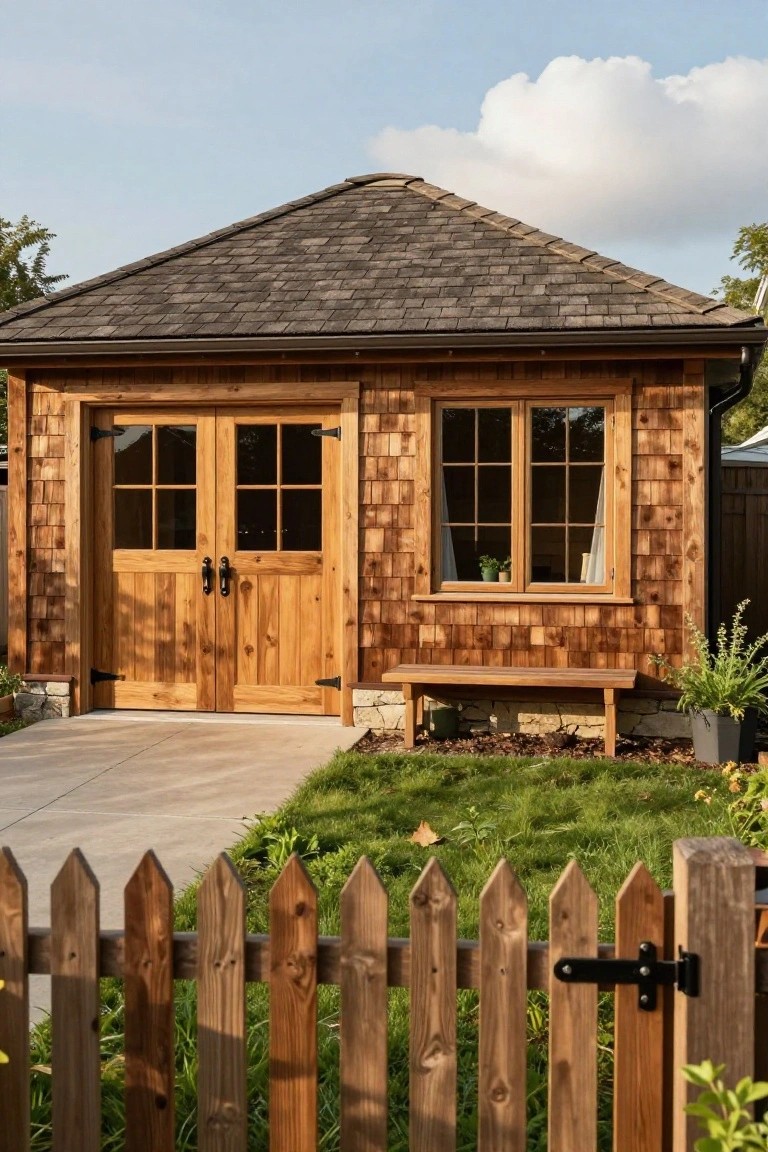 A wooden detached garage with double doors that have glass panes, a side window, a wooden bench in front, and a picket fence in the foreground.