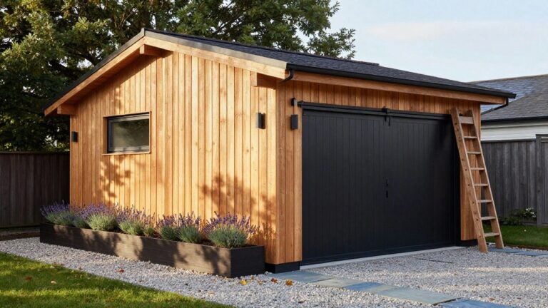 A wooden detached garage with a black sliding barn door, wall-mounted lights, and a potted plant beside a gravel path with stone pavers.