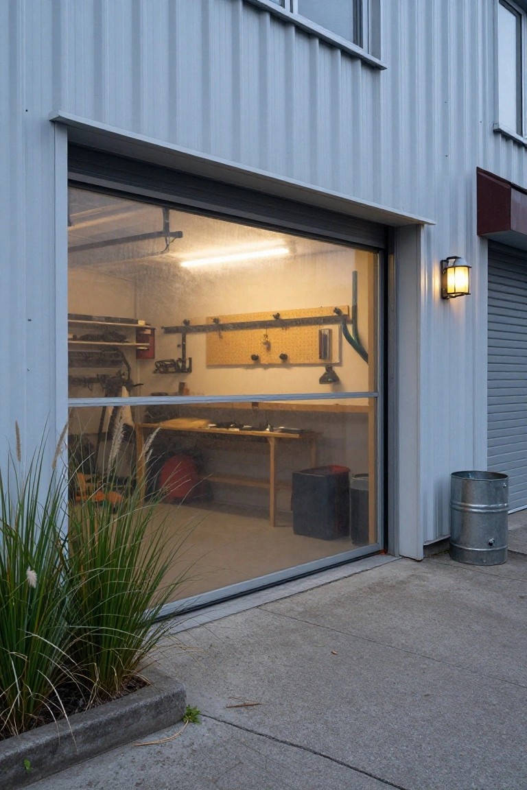A light gray metal building with a large glass garage door that reveals a workshop with pegboard storage and a workbench inside.