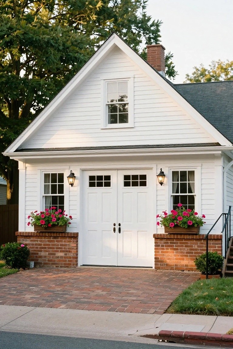 A white house facade featuring a steep gable roof over centered double garage doors, with matching windows and flower boxes on brick bases.