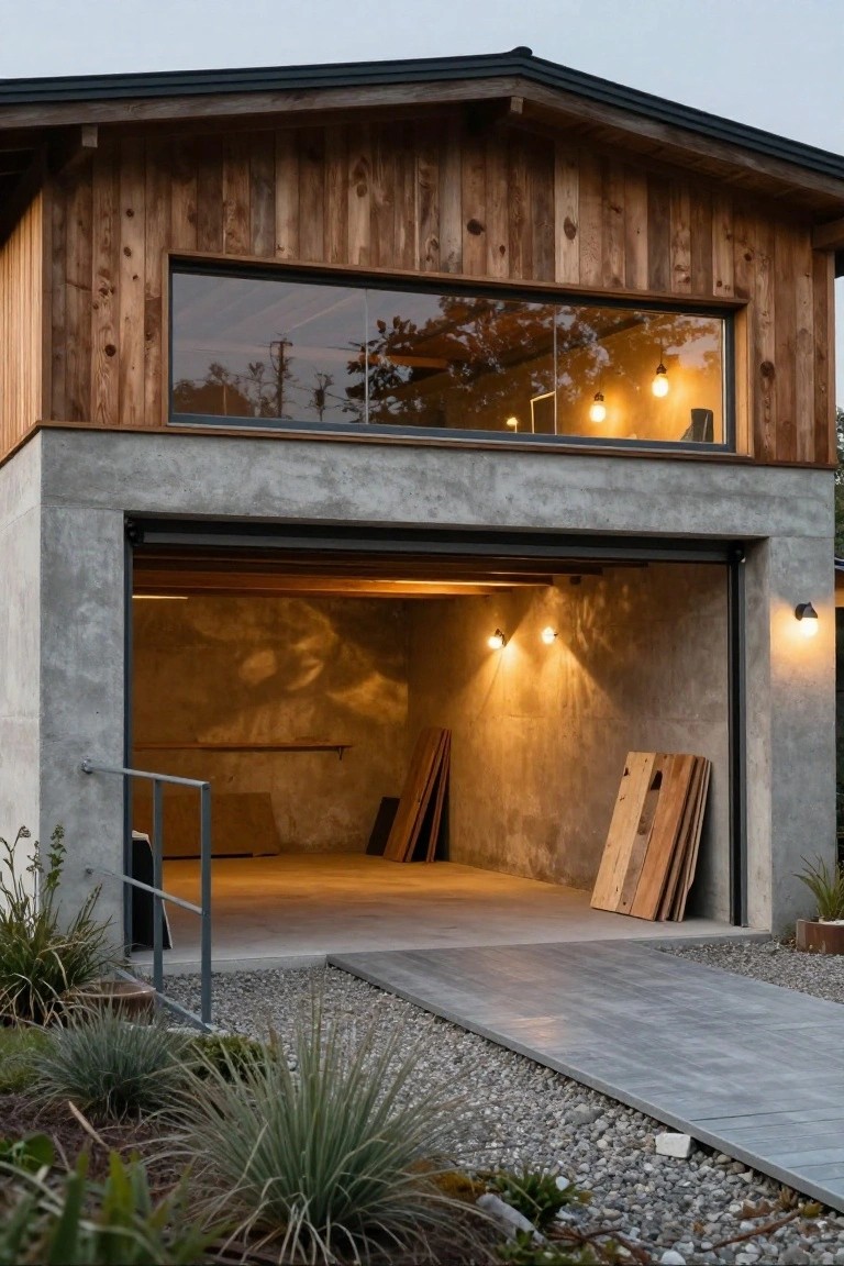 A modern two-story house with wood siding over a large open concrete garage bay, gravel driveway, and low plants in the foreground.