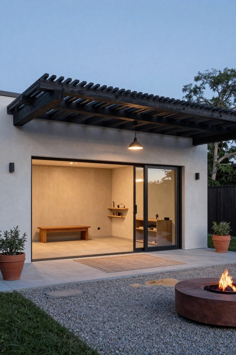 Modern patio at dusk with dark pergola, open sliding doors, fire pit, and potted plants.