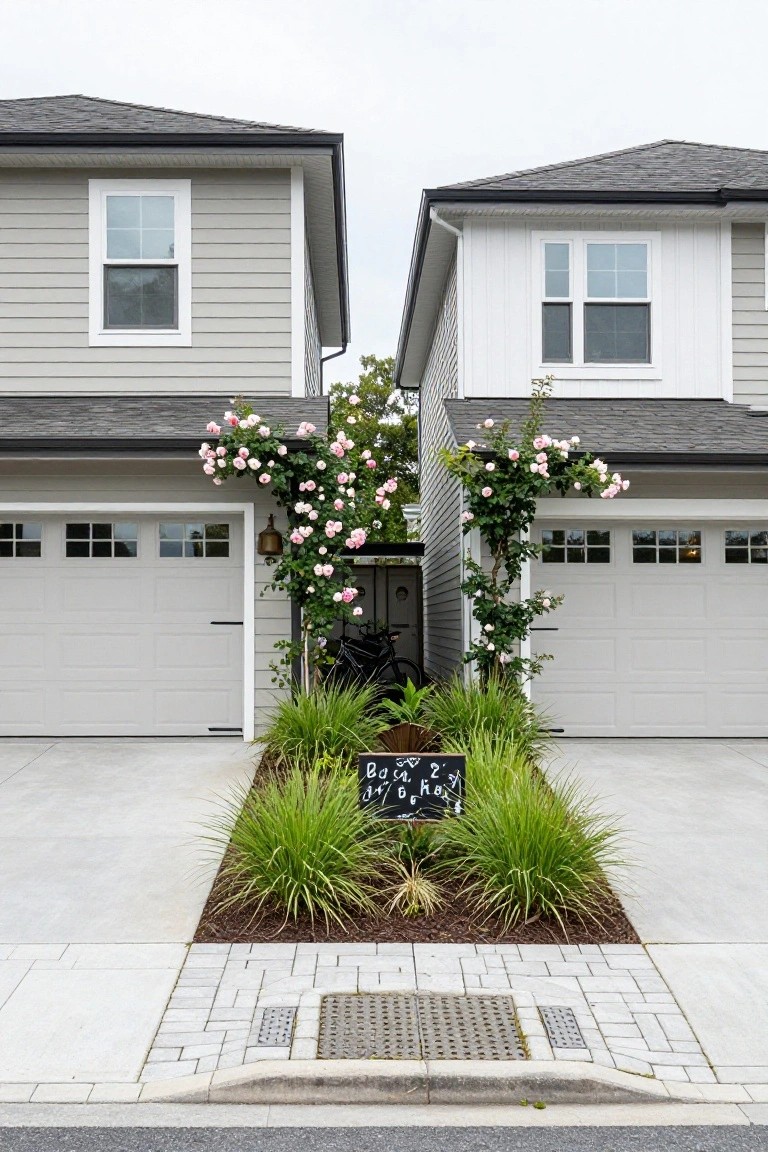 Two side-by-side houses with white garage doors and a narrow landscaped bed between them featuring climbing pink roses, tall grasses, and a small chalkboard sign.