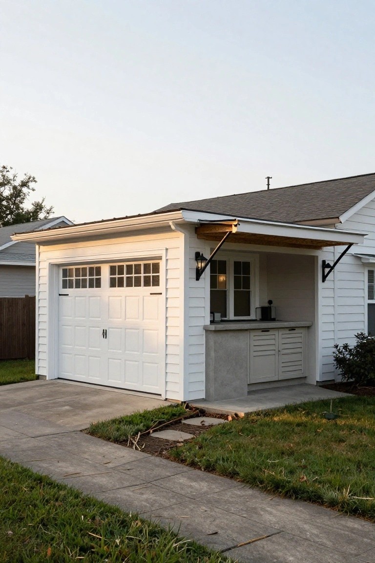 A white two-car garage with an attached outdoor counter and cabinet area on the right side.