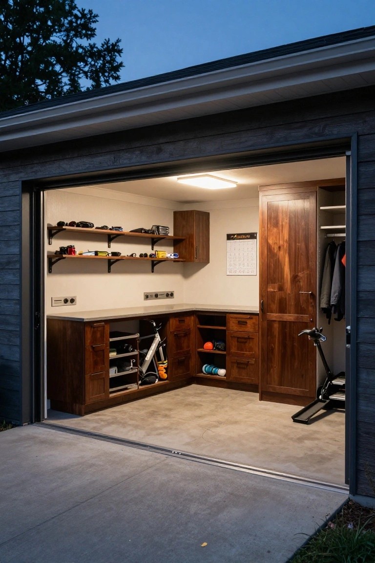 Interior of a two-car garage with wooden built-in cabinets, open wall shelves, and a concrete floor, viewed from the open doorway.