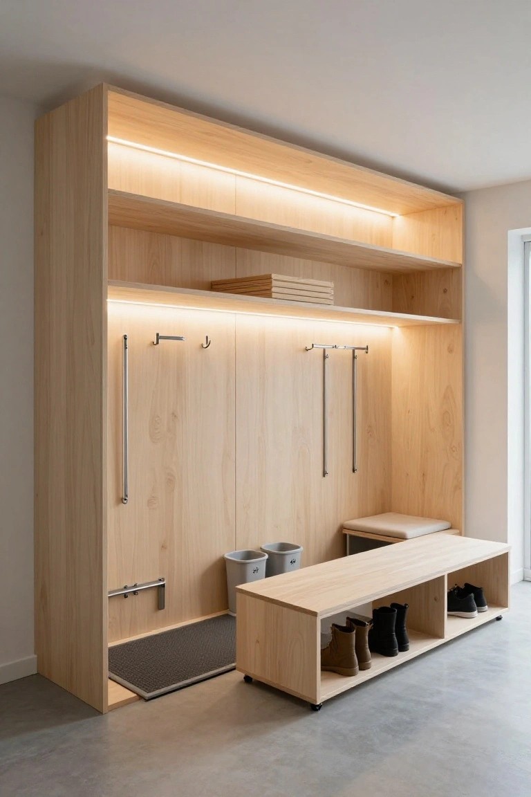 Light wood built-in storage wall with hooks, open shelves, a cushioned bench, and shoe cubbies in a garage interior.
