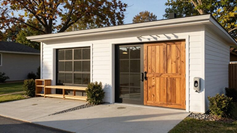 A white detached garage with black-framed glass doors, a wooden single door, and an open wooden storage cabinet on the exterior side wall.