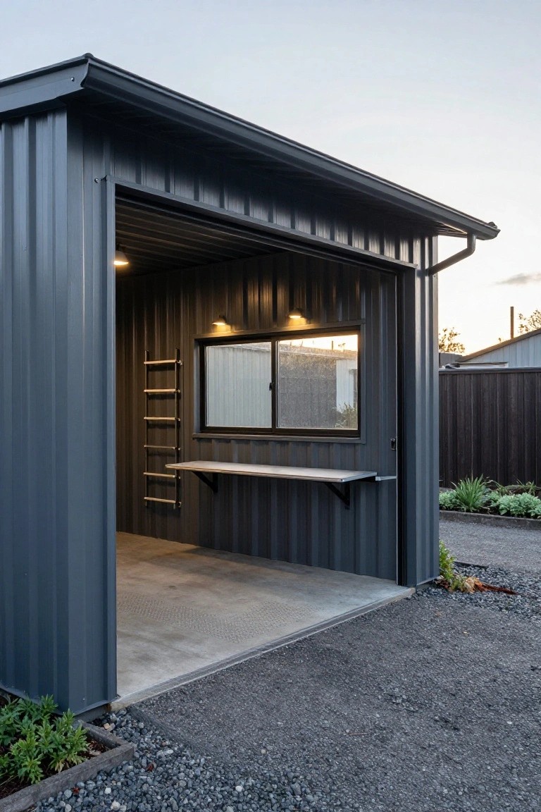 Dark gray metal shed with open door, interior ladder and fold-down bench at dusk