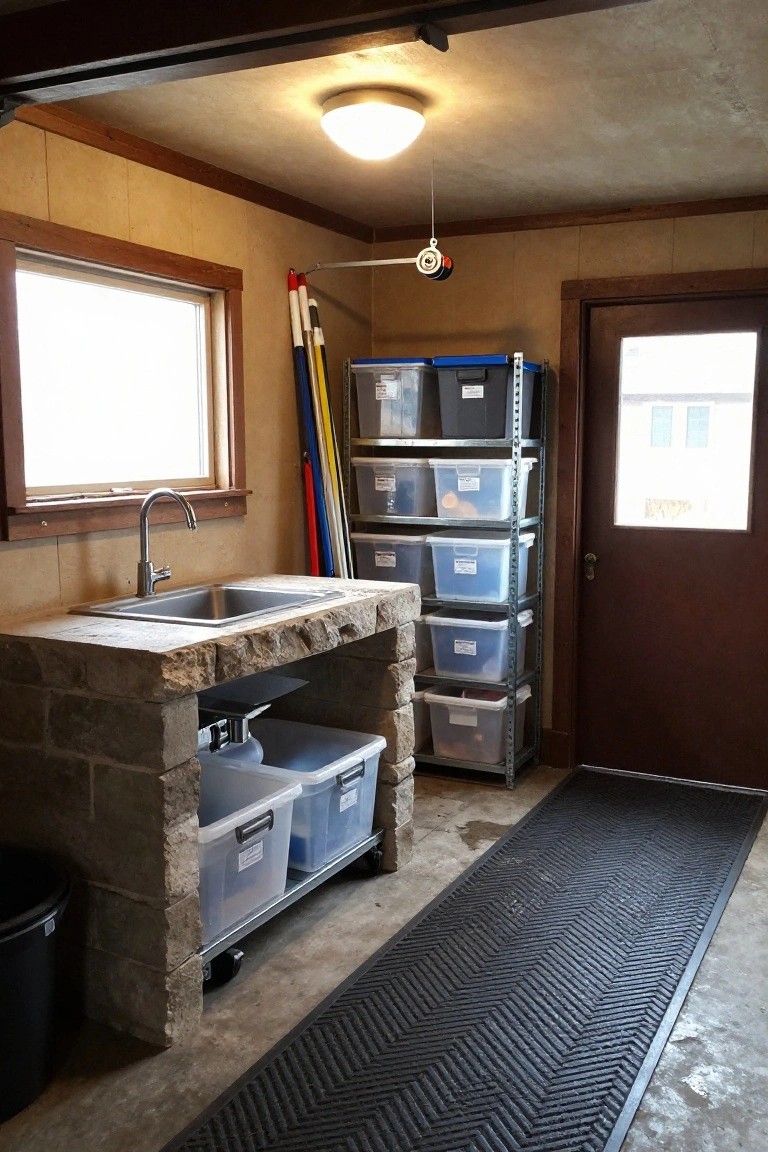 An interior view of a garage utility space showing a stone sink, metal shelving units holding clear plastic storage bins, a window, and a brown door.